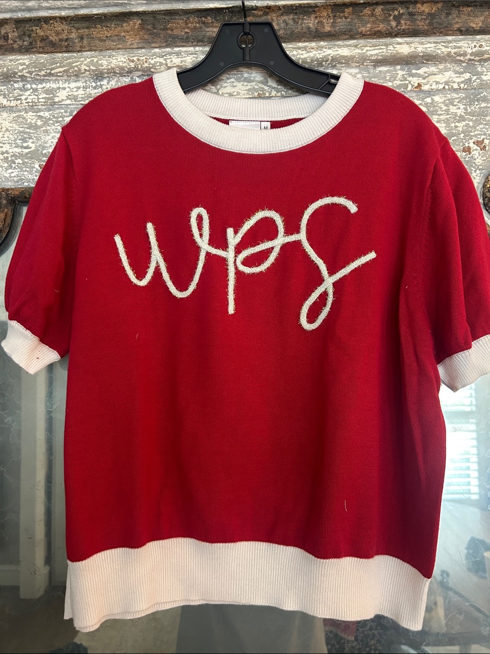 QUEEN OF SPARKLES Red Short-Sleeve Knit Top with White Trim